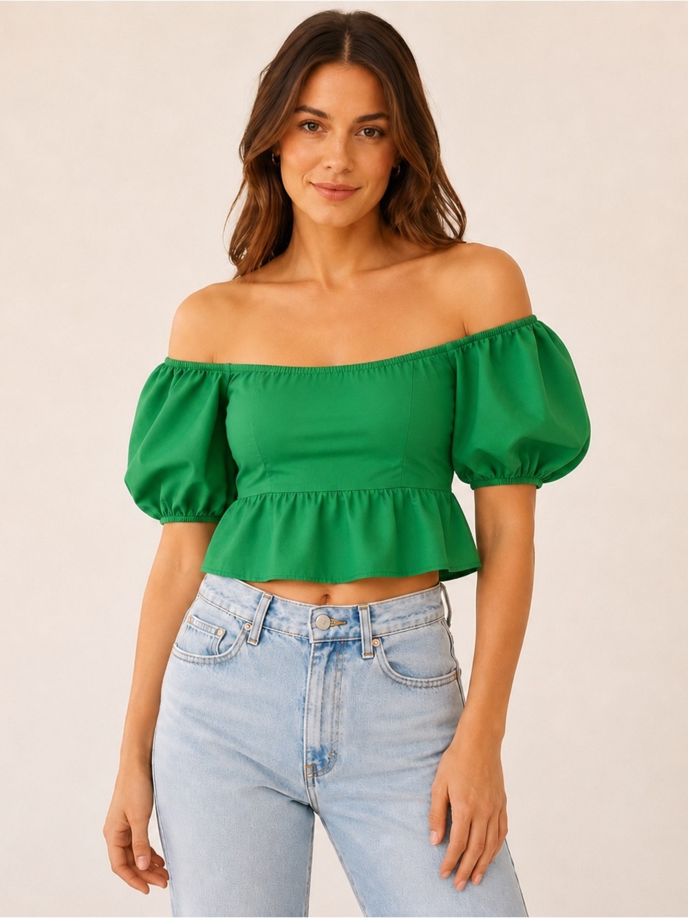 NWT Sim Sam Kelly Greem Poplin Cotton Of the Shoulders Crop Top. Size S